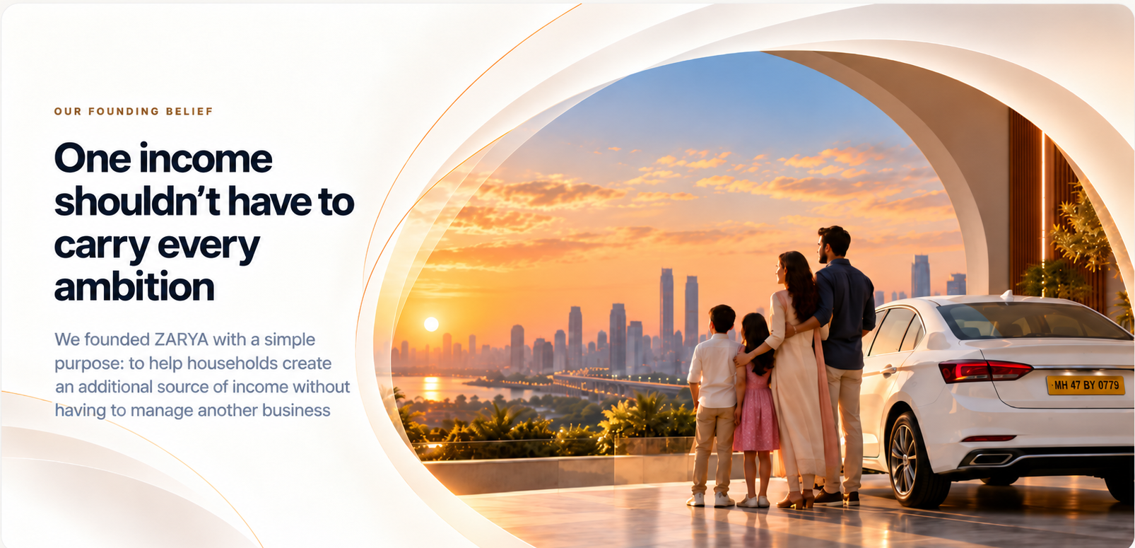 A family of four looks out over a city skyline at sunset, beside a white sedan