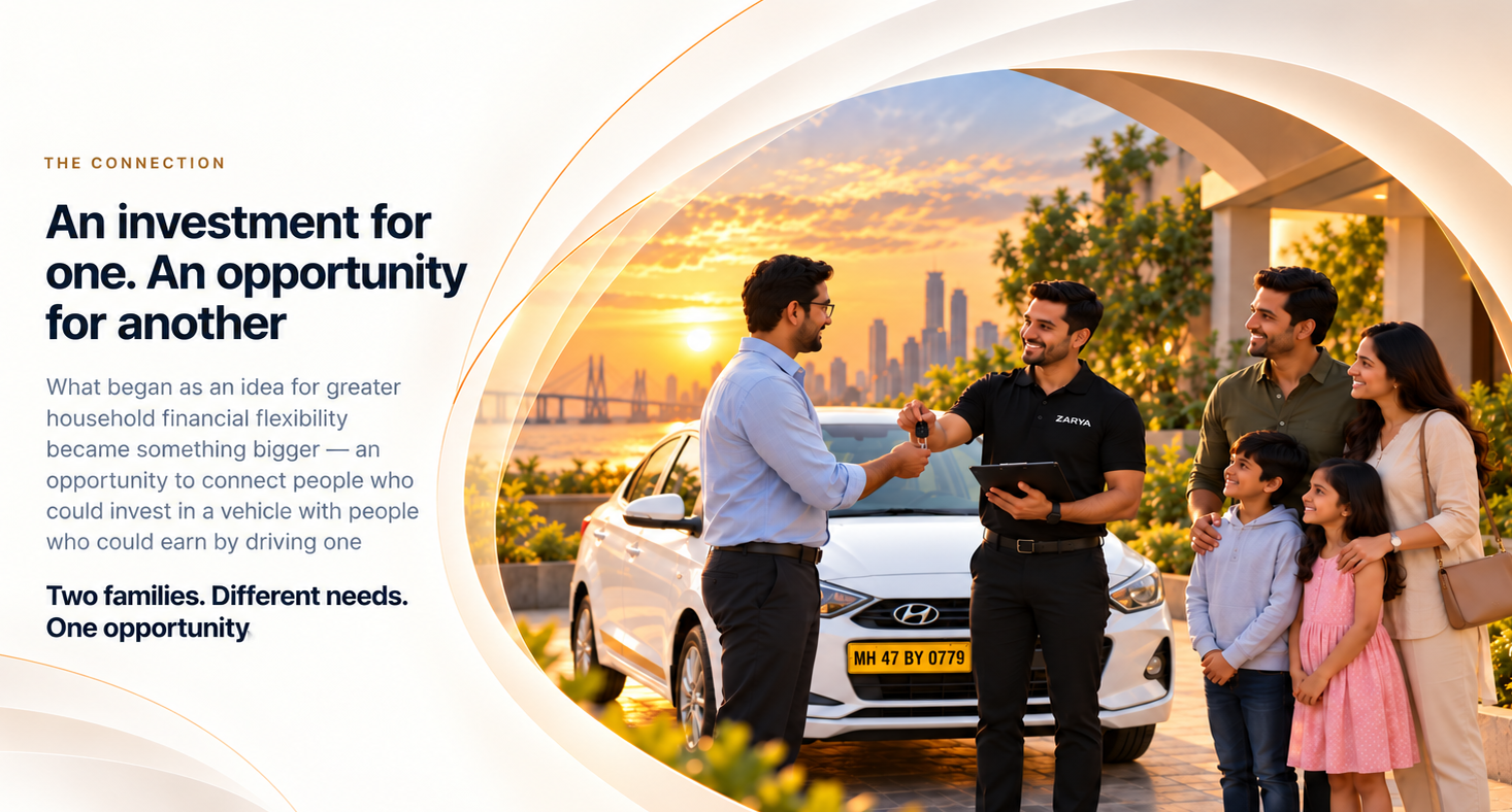 A vehicle owner hands car keys to a ZARYA team member beside a white sedan while a family looks on, at sunset