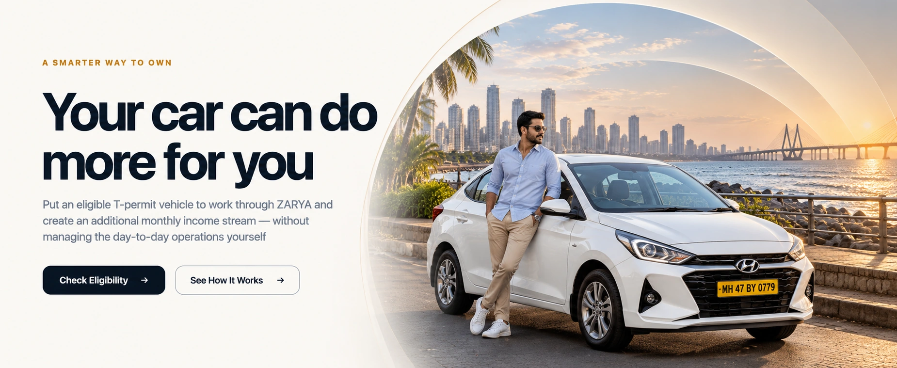 A white Hyundai Aura at the Mumbai waterfront beside its owner, framed by champagne arcs