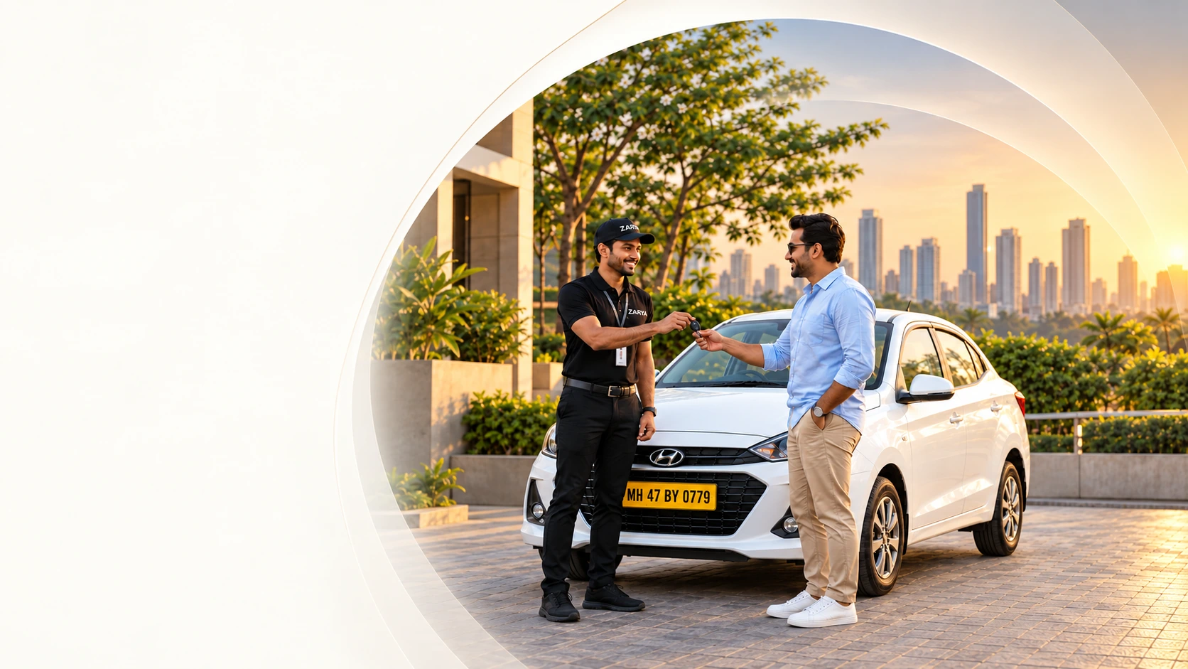 A ZARYA representative hands the keys of a white Hyundai Aura, plate MH 47 BY 0779, to its owner at golden hour