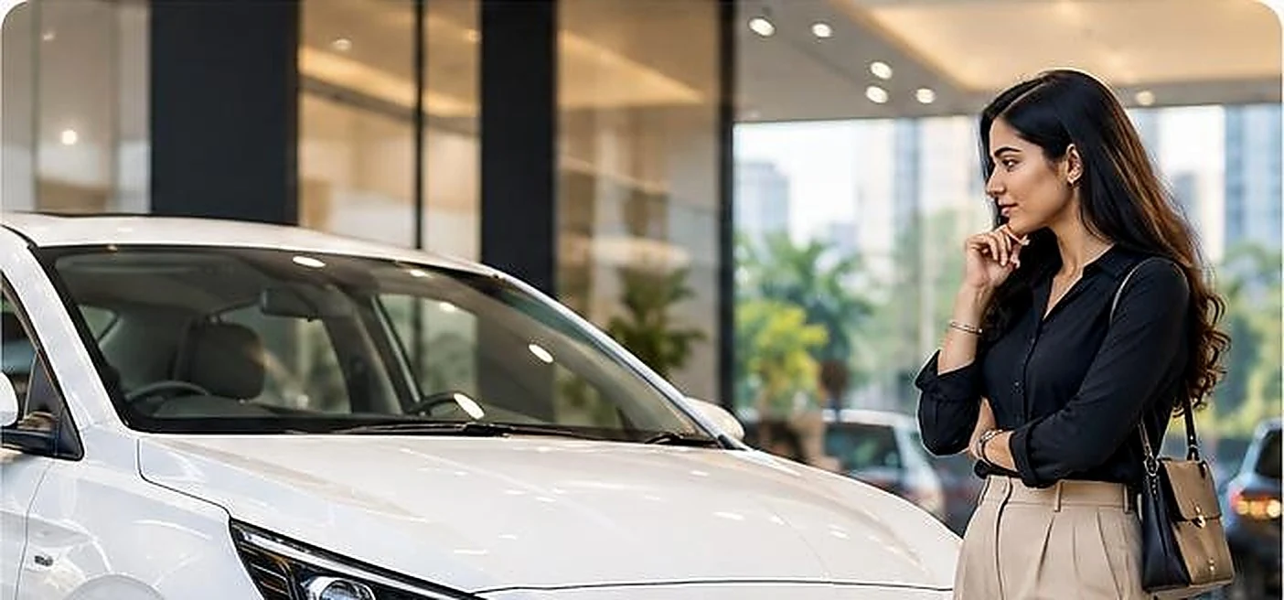 Prospective buyer looking at a new car