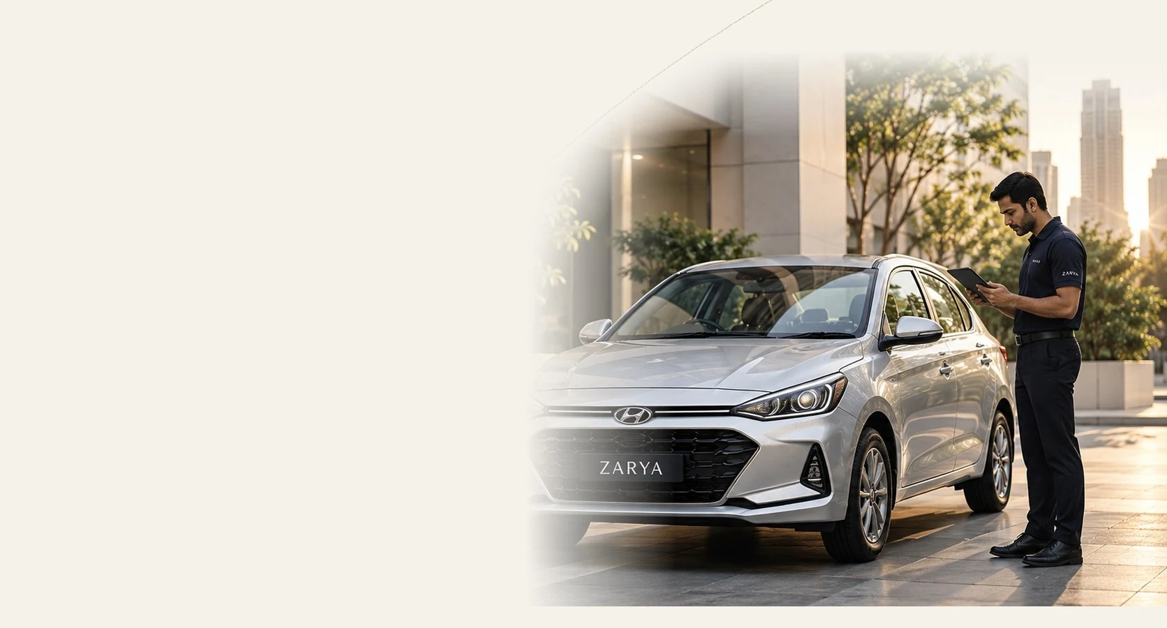 ZARYA representative reviewing a silver sedan beside a modern building