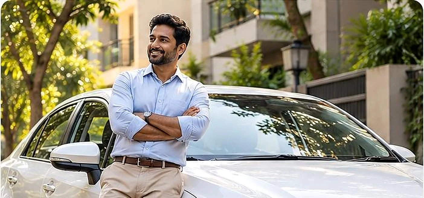Vehicle owner beside his sedan