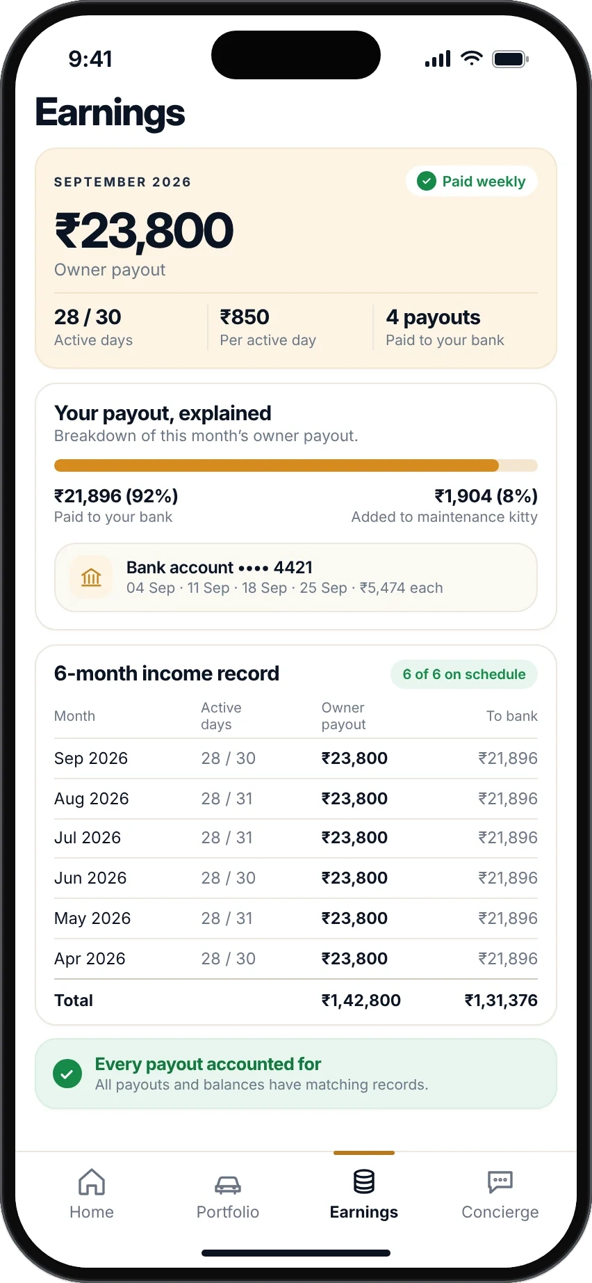 ZARYA premium graphite-framed Earnings screen, September payout statement with the payout breakdown and maintenance kitty