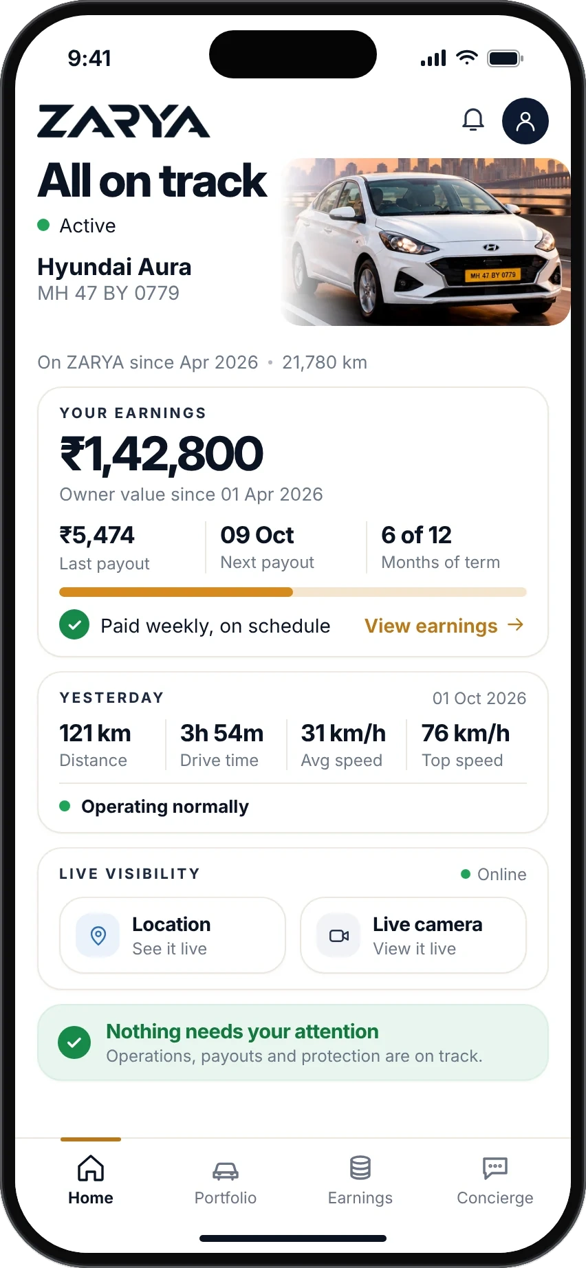 ZARYA Home app with Hyundai Aura, earnings, and authentic four-tab navigation
