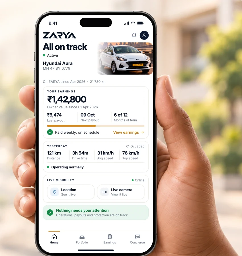 A hand holding a phone showing the ZARYA owner app: earnings, vehicle status, live monitoring and next service